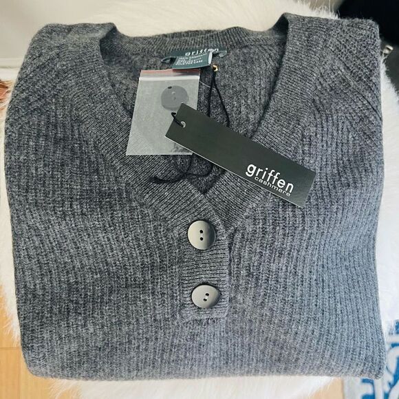 GRIFFEN Cashmere Ribbed Knit Cashmere Raglan Henley Sweater Top, Gray, Large NWT - Picture 10 of 10
